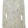 Ivory  embellished semi-sheer polyester-blend floral print plunge neck button-front spread collar blouse