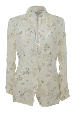 Ivory  embellished semi-sheer polyester-blend floral print plunge neck button-front spread collar blouse