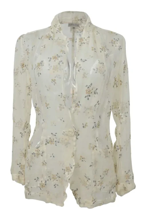 Ivory  embellished semi-sheer polyester-blend floral print plunge neck button-front spread collar blouse