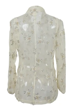 Ivory  embellished semi-sheer polyester-blend floral print plunge neck button-front spread collar blouse