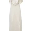 Ivory embellished viscose-blend portrait neckline dress with tonal self leaf bodice appliqué and slit skirt