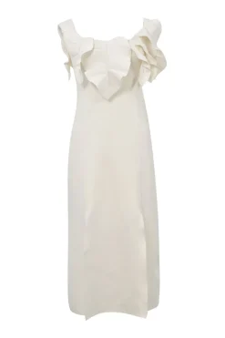 Ivory embellished viscose-blend portrait neckline dress with tonal self leaf bodice appliqué and slit skirt
