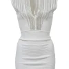 Ivory embellished viscose-blend plunge neck cap sleeve rib knit sheath dress featuring mixed-metal bugle bead broderie motif