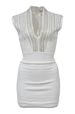 Ivory embellished viscose-blend plunge neck cap sleeve rib knit sheath dress featuring mixed-metal bugle bead broderie motif