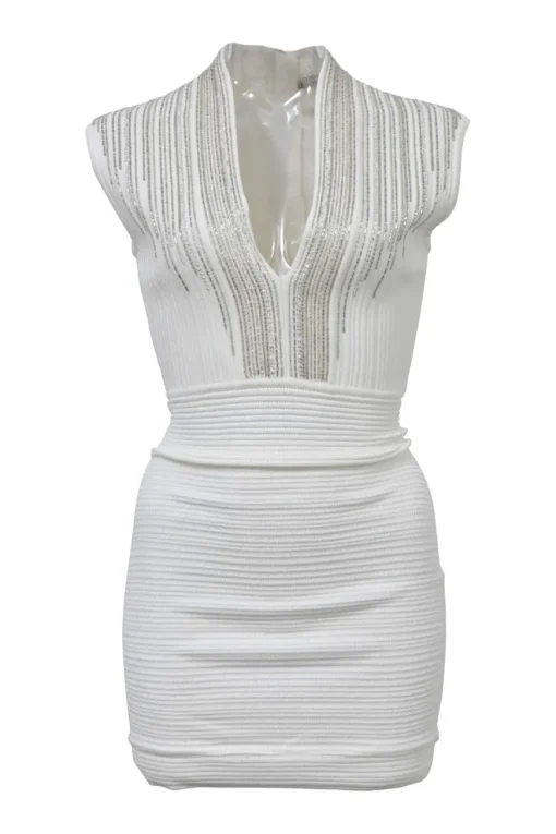 Ivory embellished viscose-blend plunge neck cap sleeve rib knit sheath dress featuring mixed-metal bugle bead broderie motif