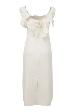 Ivory embellished viscose-blend portrait neckline dress with tonal self leaf bodice appliqué and slit skirt