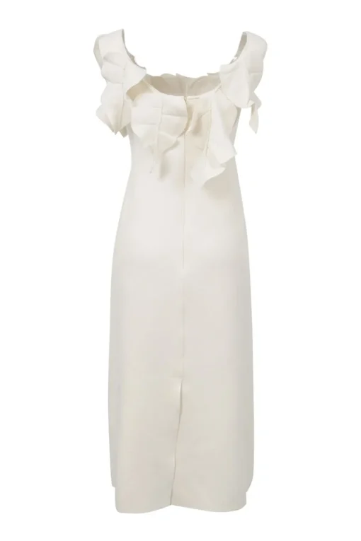 Ivory embellished viscose-blend portrait neckline dress with tonal self leaf bodice appliqué and slit skirt
