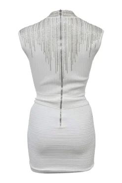 Ivory embellished viscose-blend plunge neck cap sleeve rib knit sheath dress featuring mixed-metal bugle bead broderie motif