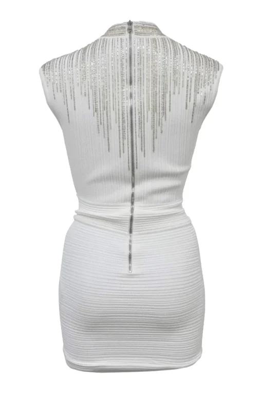 Ivory embellished viscose-blend plunge neck cap sleeve rib knit sheath dress featuring mixed-metal bugle bead broderie motif