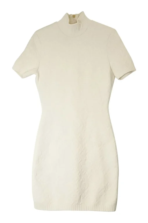 Ivory embossed viscose-blend X Skims Connecticut short sleeve mock neck zip-up mini dress