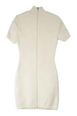 Ivory embossed viscose-blend X Skims Connecticut short sleeve mock neck zip-up mini dress