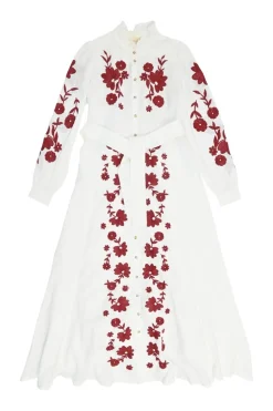 Ivory embroidered cotton-linen blend ruffle collar button-front tie-waist A-line dress with bishop sleeves