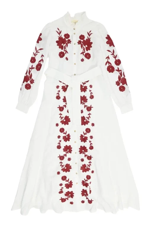 Ivory embroidered cotton-linen blend ruffle collar button-front tie-waist A-line dress with bishop sleeves