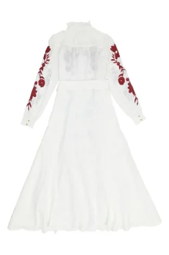 Ivory embroidered cotton-linen blend ruffle collar button-front tie-waist A-line dress with bishop sleeves