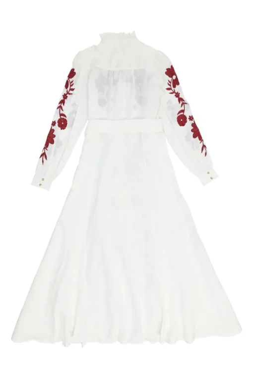 Ivory embroidered cotton-linen blend ruffle collar button-front tie-waist A-line dress with bishop sleeves