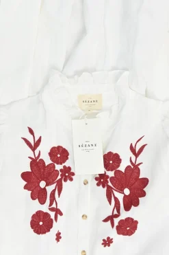 Ivory embroidered cotton-linen blend ruffle collar button-front tie-waist A-line dress with bishop sleeves
