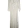 Ivory embroidered silk chiffon pullover tie neck abaya with blouson sleeves featuring botteh motif