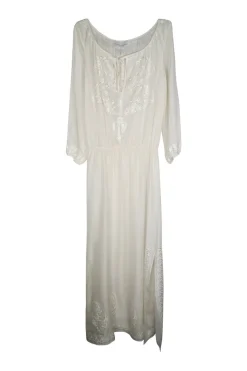 Ivory embroidered silk chiffon pullover tie neck abaya with blouson sleeves featuring botteh motif