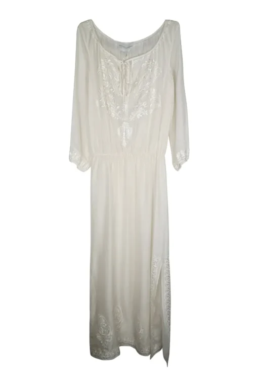 Ivory embroidered silk chiffon pullover tie neck abaya with blouson sleeves featuring botteh motif