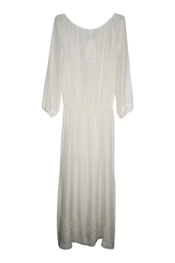 Ivory embroidered silk chiffon pullover tie neck abaya with blouson sleeves featuring botteh motif