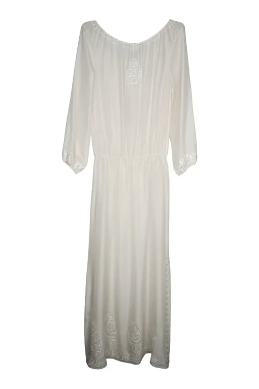 Ivory embroidered silk chiffon pullover tie neck abaya with blouson sleeves featuring botteh motif