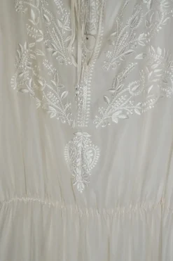 Ivory embroidered silk chiffon pullover tie neck abaya with blouson sleeves featuring botteh motif