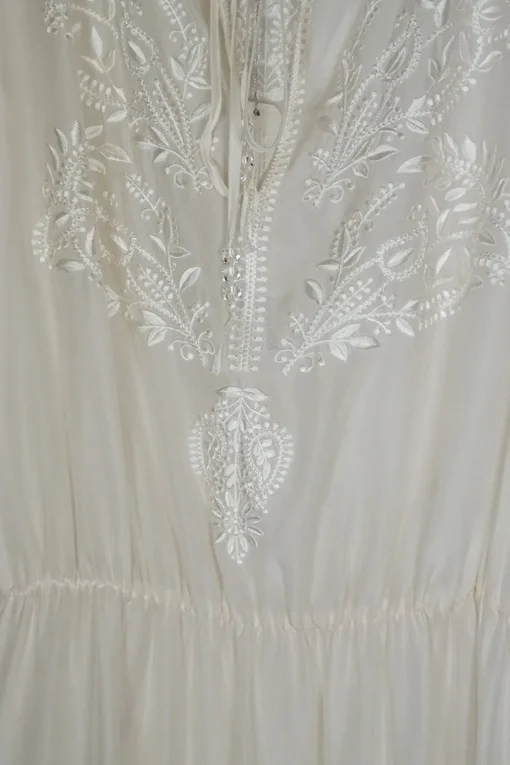Ivory embroidered silk chiffon pullover tie neck abaya with blouson sleeves featuring botteh motif