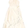 Ivory embroidered silk satin Peter Pan collar sleeveless A-line dress featuring multi-coloured butterfly motif