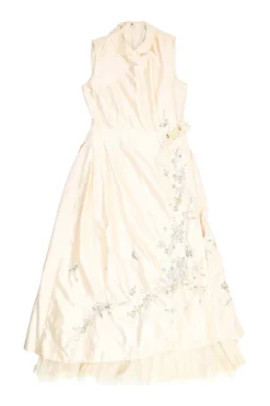 Ivory embroidered silk satin Peter Pan collar sleeveless A-line dress featuring multi-coloured butterfly motif