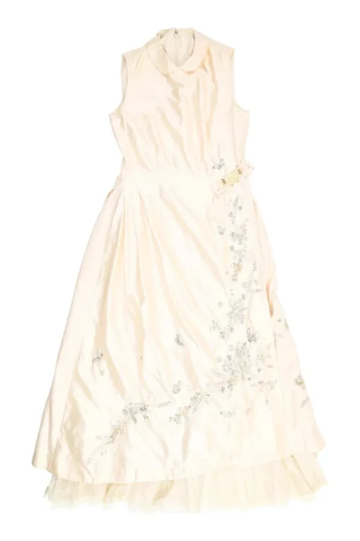 Ivory embroidered silk satin Peter Pan collar sleeveless A-line dress featuring multi-coloured butterfly motif