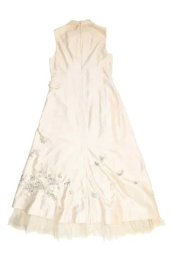 Ivory embroidered silk satin Peter Pan collar sleeveless A-line dress featuring multi-coloured butterfly motif