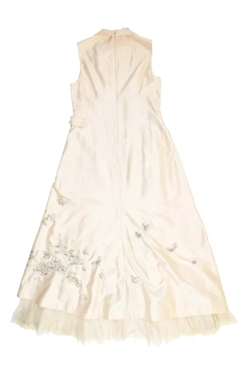 Ivory embroidered silk satin Peter Pan collar sleeveless A-line dress featuring multi-coloured butterfly motif