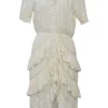 Ivory lace-trimmed cotton seersucker Edwardian combination-style puff sleeve button-front tiered midi dress