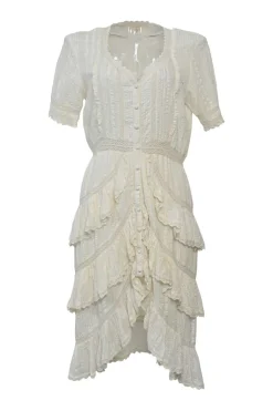 Ivory lace-trimmed cotton seersucker Edwardian combination-style puff sleeve button-front tiered midi dress