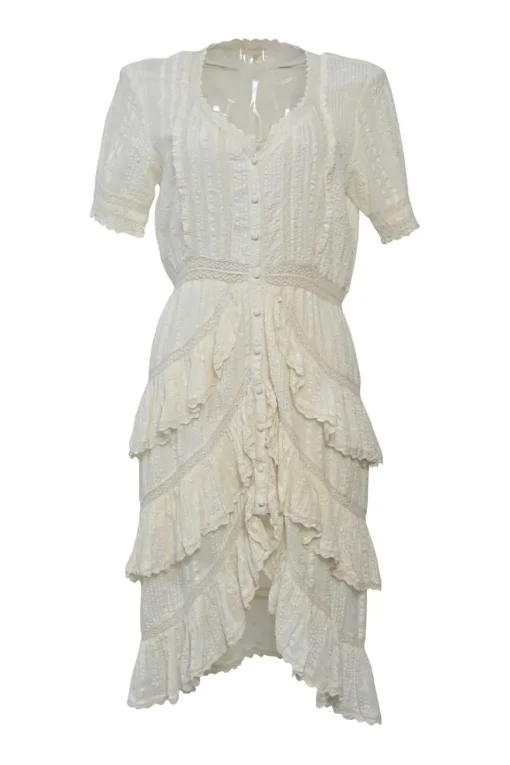Ivory lace-trimmed cotton seersucker Edwardian combination-style puff sleeve button-front tiered midi dress