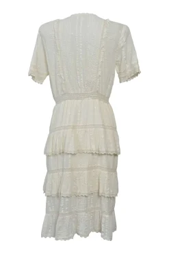 Ivory lace-trimmed cotton seersucker Edwardian combination-style puff sleeve button-front tiered midi dress