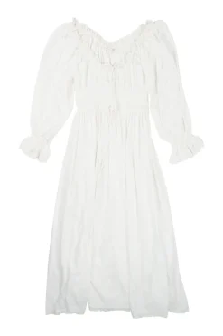 Ivory lace-trimmed organic cotton broderie Anglaise tie-front smocked midi dress with flounce sleeves
