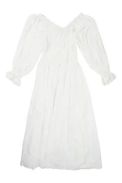 Ivory lace-trimmed organic cotton broderie Anglaise tie-front smocked midi dress with flounce sleeves