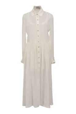 Ivory lace-trimmed spread collar-button-front shirt dress with tonal slip insert