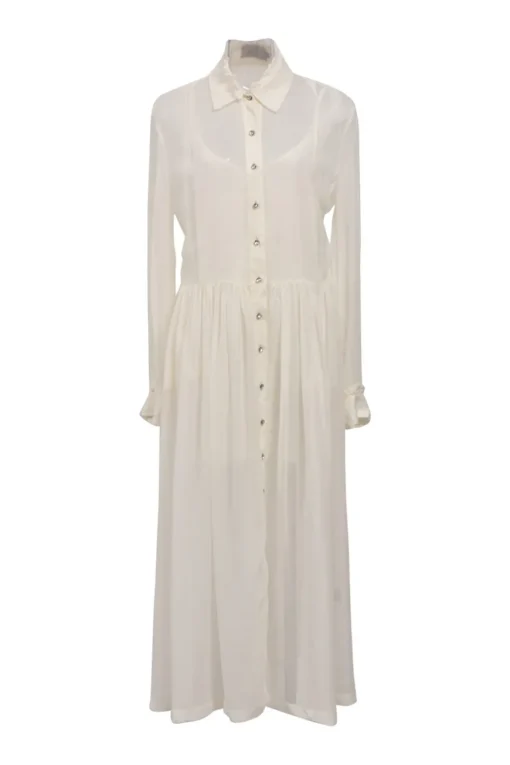 Ivory lace-trimmed spread collar-button-front shirt dress with tonal slip insert