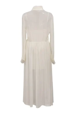 Ivory lace-trimmed spread collar-button-front shirt dress with tonal slip insert
