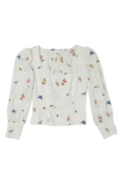 Ivory Ladybugs-embroidered linen Stilton corset-style top with smocked back featuring