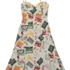 Ivory linen postcard novelty print bustier sun dress with cutout back and adjustable spaghetti straps
