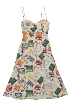 Ivory linen postcard novelty print bustier sun dress with cutout back and adjustable spaghetti straps