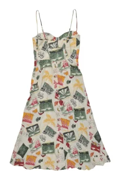 Ivory linen postcard novelty print bustier sun dress with cutout back and adjustable spaghetti straps