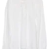 Ivory linen pullover keyhole front combination-style tunic top with neck-tie fastening and blouson sleeves