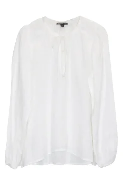 Ivory linen pullover keyhole front combination-style tunic top with neck-tie fastening and blouson sleeves