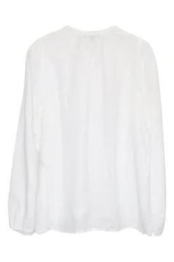 Ivory linen pullover keyhole front combination-style tunic top with neck-tie fastening and blouson sleeves