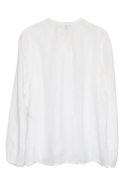 Ivory linen pullover keyhole front combination-style tunic top with neck-tie fastening and blouson sleeves