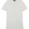 Ivory linen-blend crewneck short sleeve pullover micro-rib knit top with enamel logo plaque appliqué